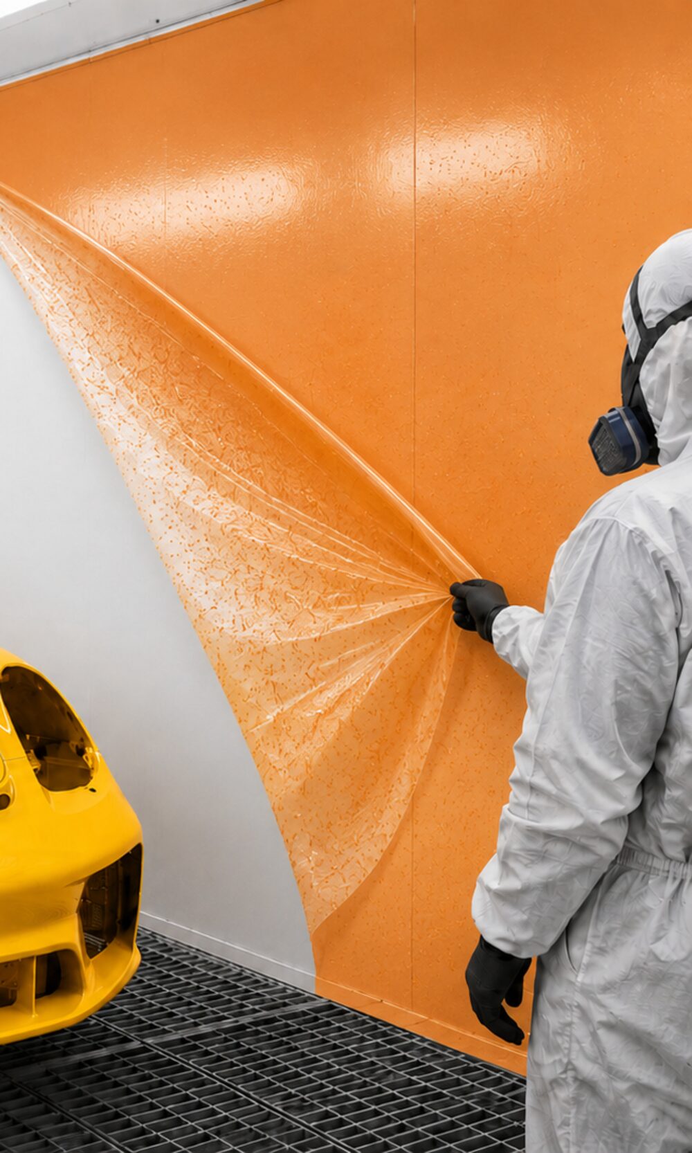Vakman pelt de beschermende coating van een cabinewand